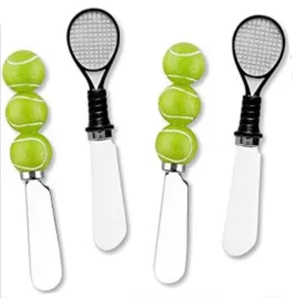 Set of 4 Tennis Themed Cheese Spreaders NEW Gift knives racquet balls handles